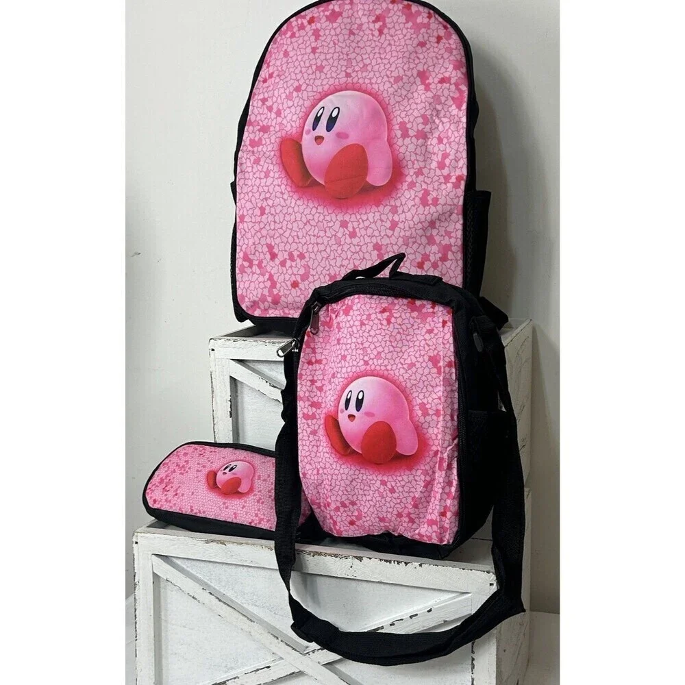 Kirby Cartoon Game Student School Backpack 3pc Set Insulated Lunch Bag Pen Bag